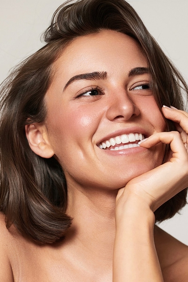 Smiling woman with natural beauty and healthy skin.